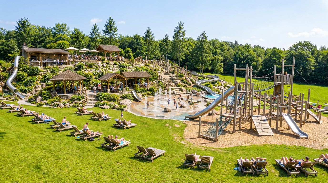 Spielwall – Panorama mit Rutschen, Wasserspielen und Liegewiese